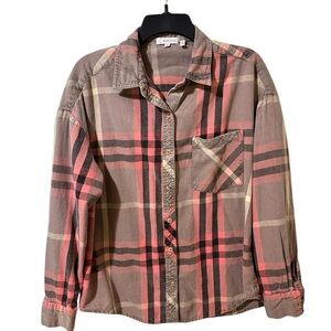MODISH REBEL Boyfriend 100% cotton light brown & pink plaid flannel shirt sz M